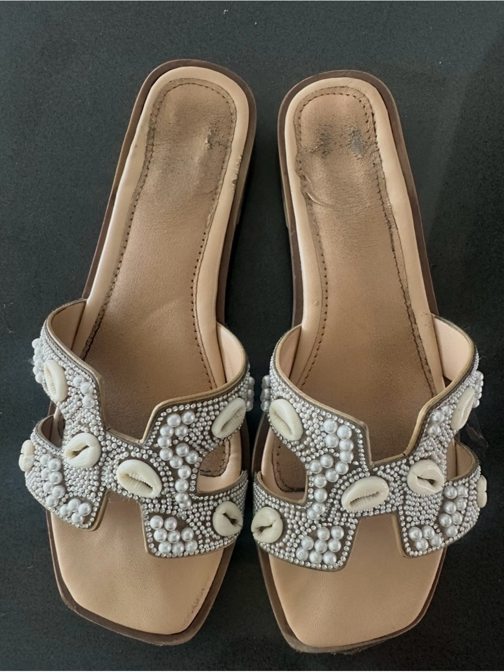 Embellished Pearl & Shell Slide Sandals in Beige